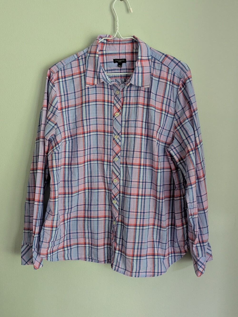Talbots Women's XL Petite Classic Cotton Shirt Pastel Plaid Pink Blue Button Up